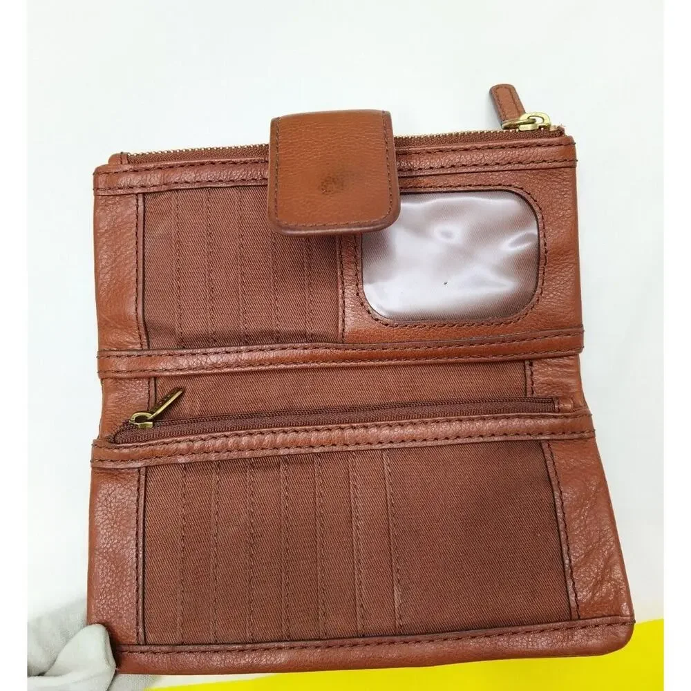 Fossil Ella Brown Leather Credit Card ID Window Zipper Bifold Wallet
